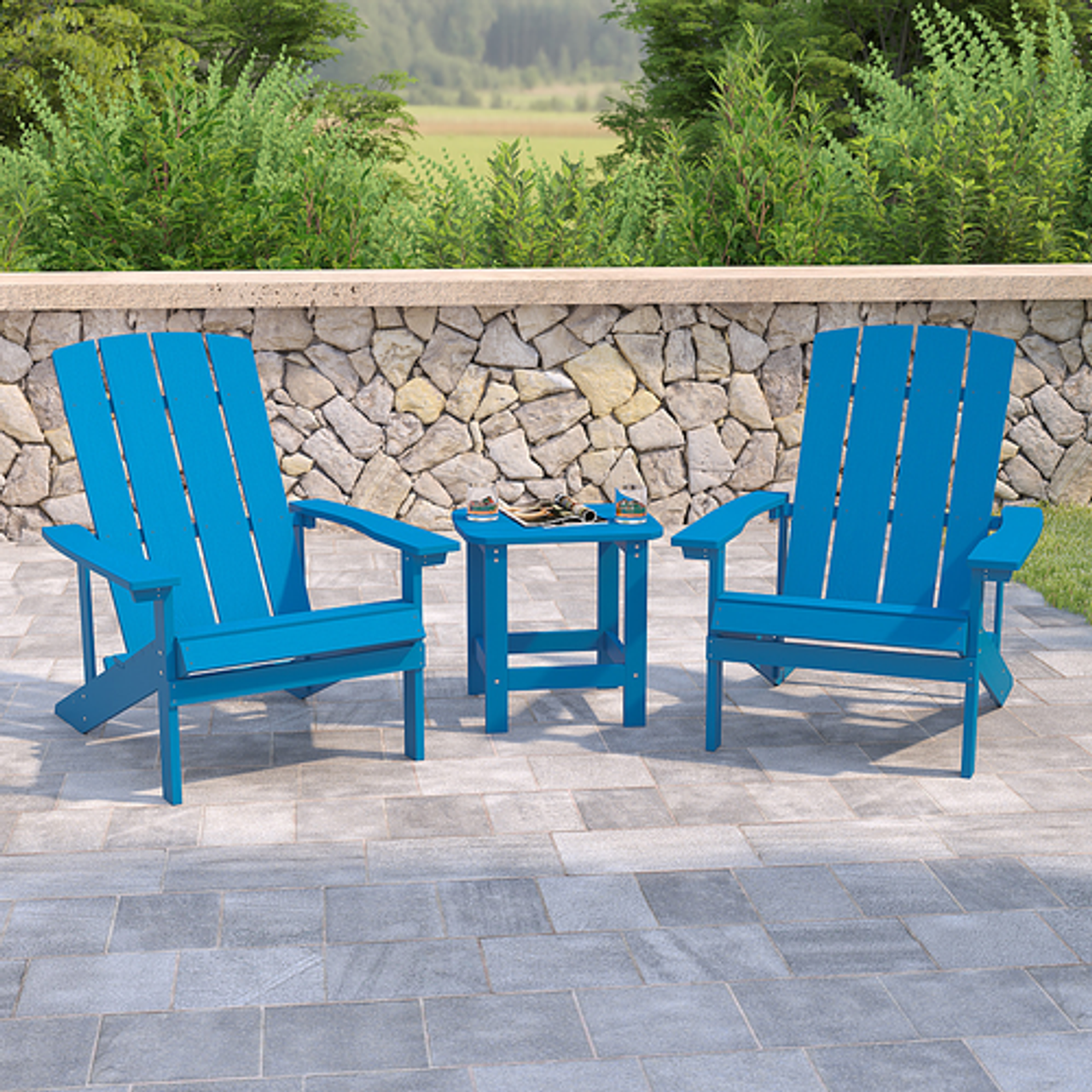 Flash Furniture - Charlestown Outdoor Rectangle Cottage Resin 3 Adirondack Chair and Side Table - Blue