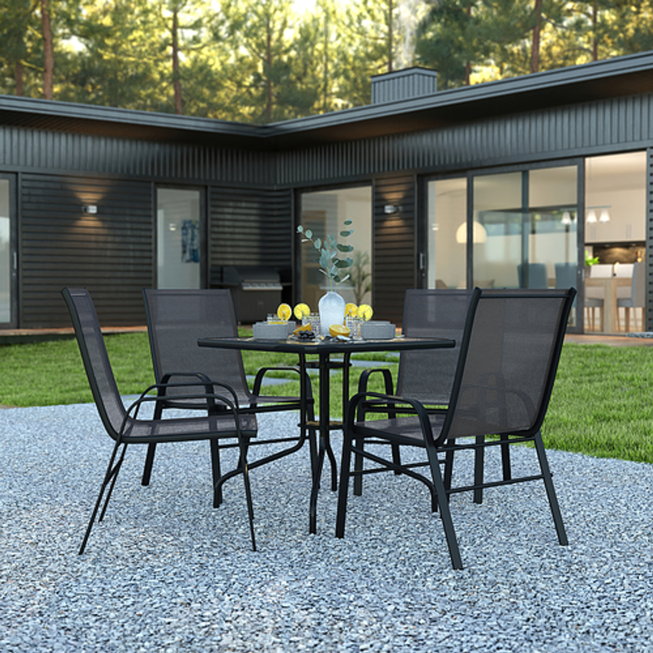 Flash Furniture - Brazos Outdoor Square Contemporary  5 Patio Table and Chair Set - Black