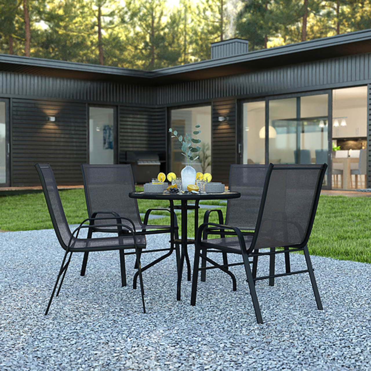 Flash Furniture - Brazos Outdoor Round Contemporary  5 Patio Table and Chair Set - Black