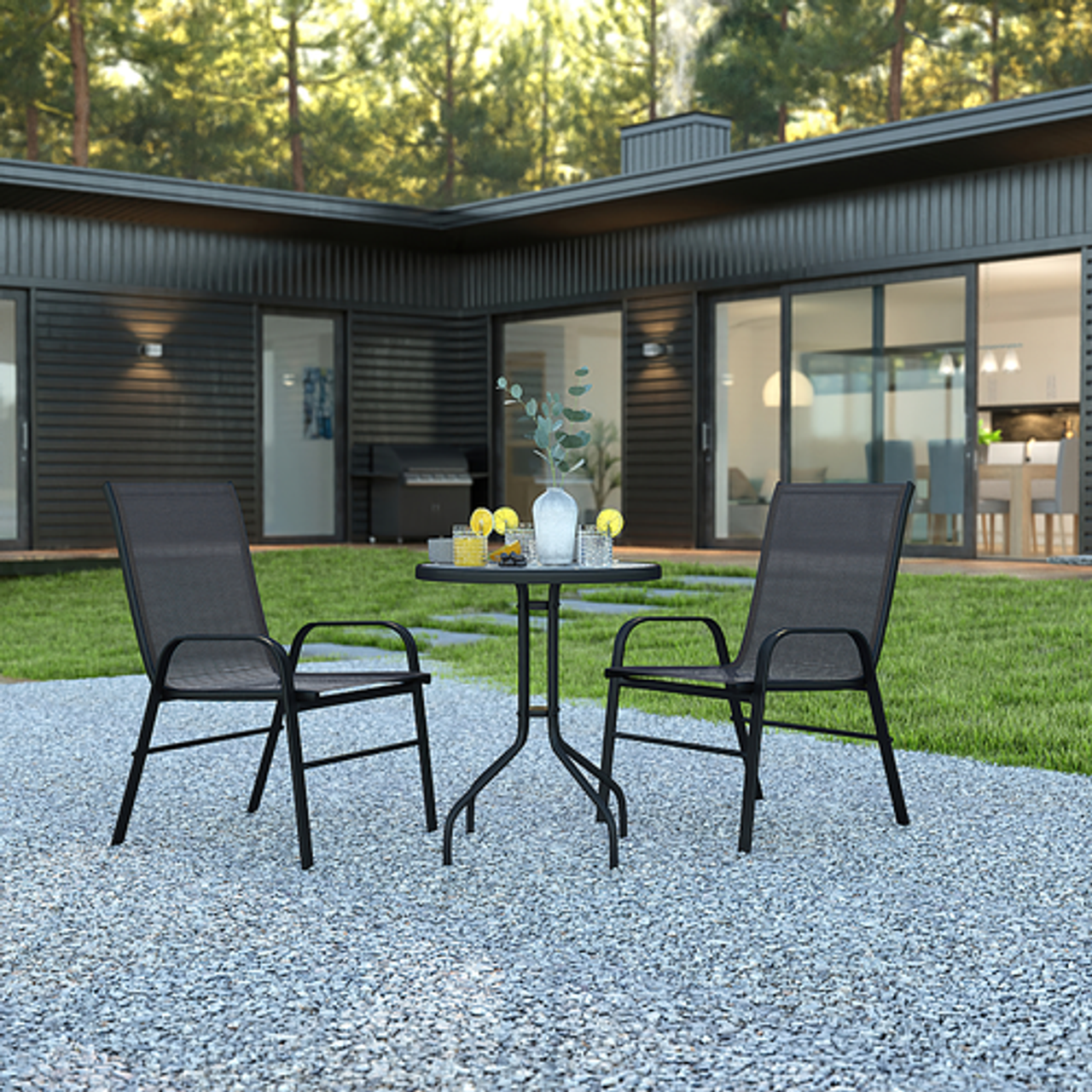 Flash Furniture - Brazos Outdoor Round Contemporary  3 Patio Table and Chair Set - Black