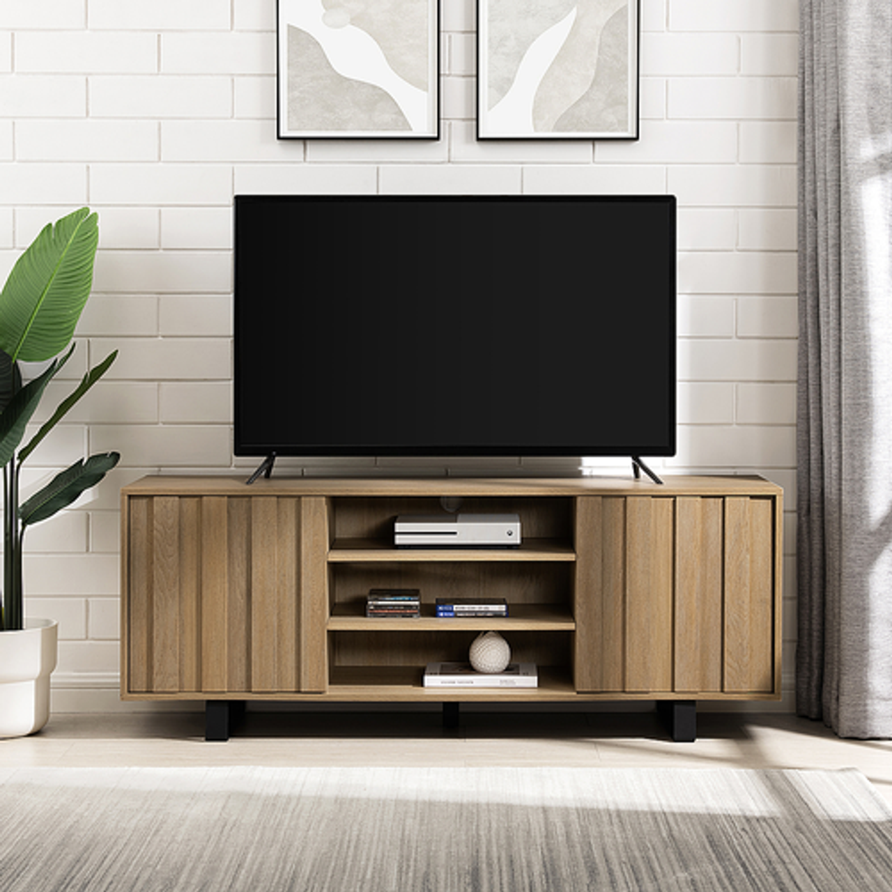 Walker Edison - Modern Paneled-Door TV Cabinet for TVs up to 65” - Coastal Oak