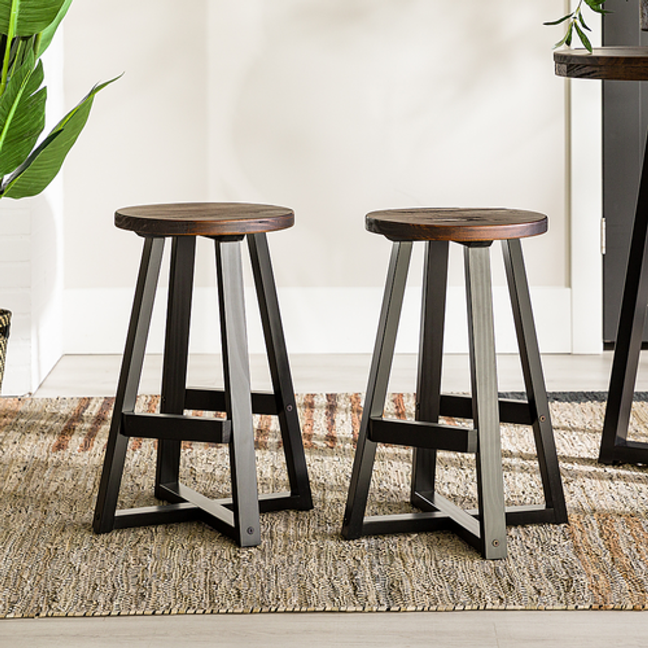 Walker Edison - Rustic Distressed Solid Wood Dining Stool - Mahogany