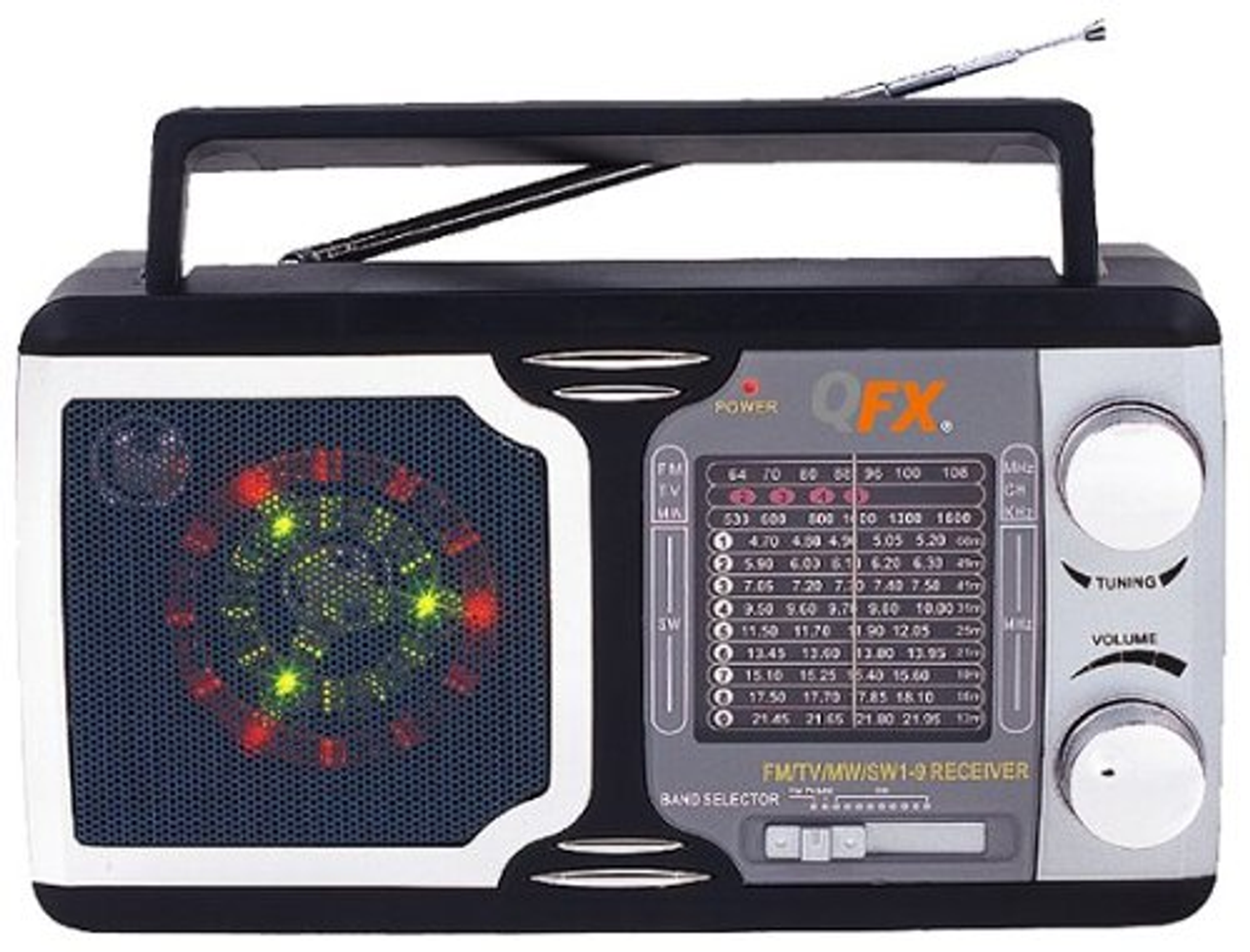 QFX - 12 Band Radio AM/FM/TV, SW 1-9 Radio, 2” Speaker with LED Party Lights - Black