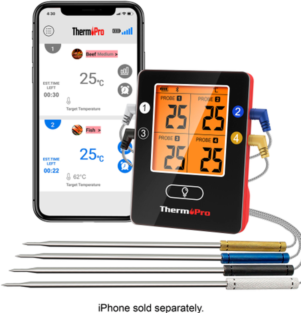 ThermoPro - Bluetooth 4 Probes Wireless Food Thermometer - Black/Red