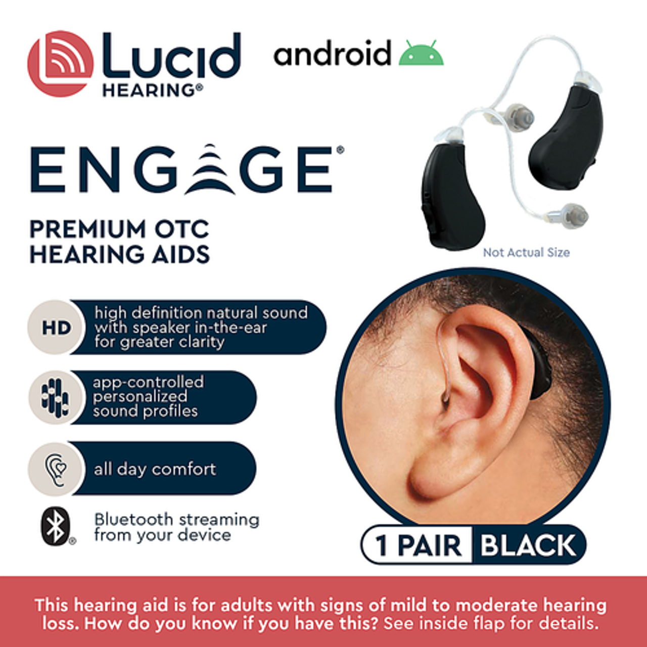 Lucid Hearing - OTC Engage Premium Hearing Aids Android - Black