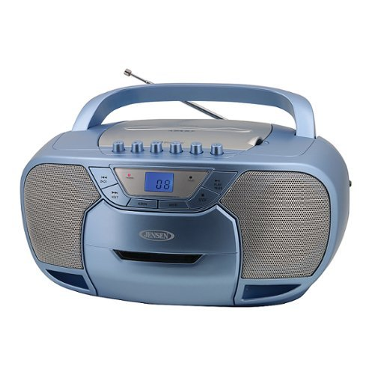 Jensen - Portable Bluetooth Stereo with AM/FM, CD, Cassette Player, Ambient Blue Lighting, Aux Line-in and Headphone Jack - Blue