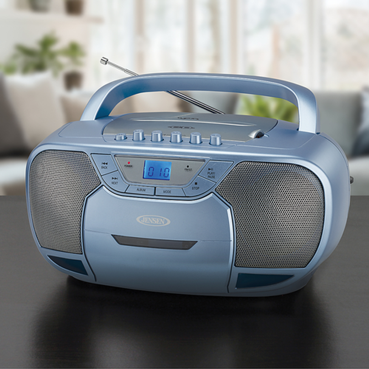 Jensen - Portable Bluetooth Stereo with AM/FM, CD, Cassette Player, Ambient Blue Lighting, Aux Line-in and Headphone Jack - Blue