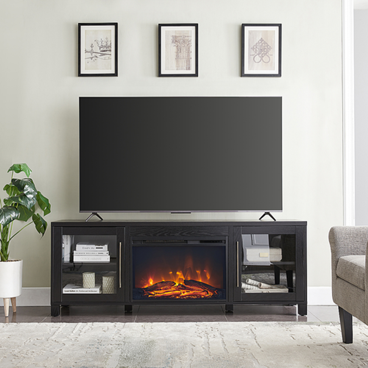 Camden&Wells - Quincy Log Fireplace for Most TVs up to 80" - Black Grain