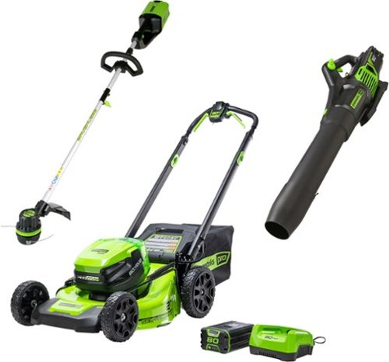 Greenworks - 80-Volt 21" Mower, 13" String Trimmer, & 730 CFM Blower (4.0 Ah Battery & Charger Included) Ultimate Outdoor Combo Kit - Green