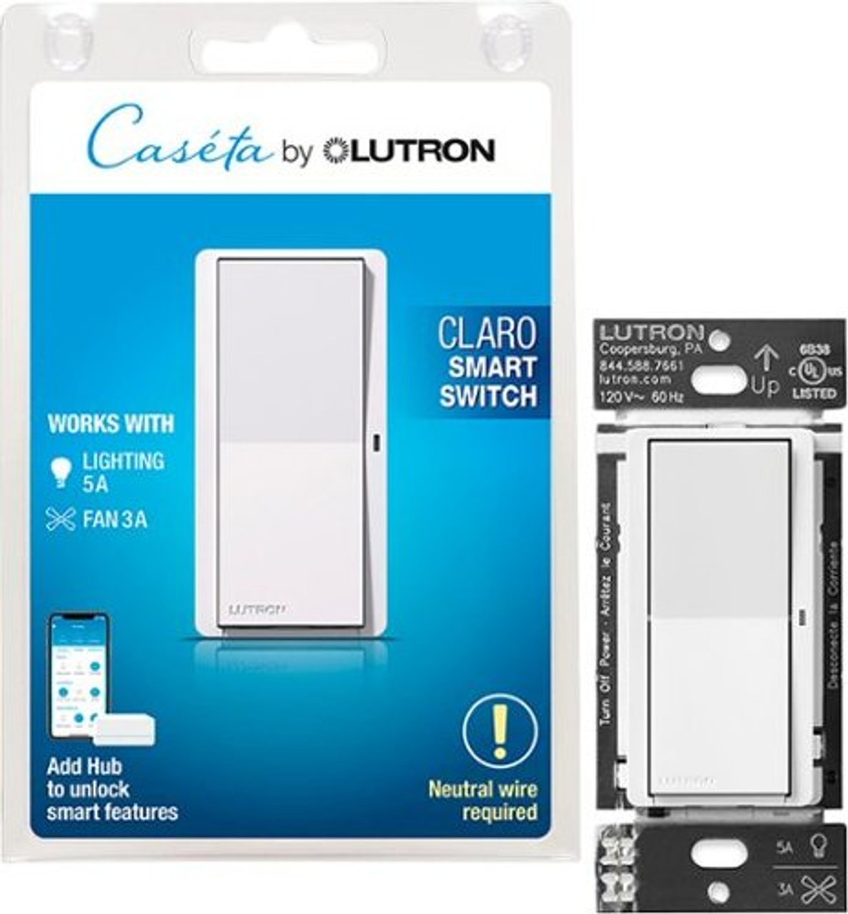 Lutron Claro Smart Switch for Caséta Smart Lighting, for On/Off Control of Lights or Fans, White - White