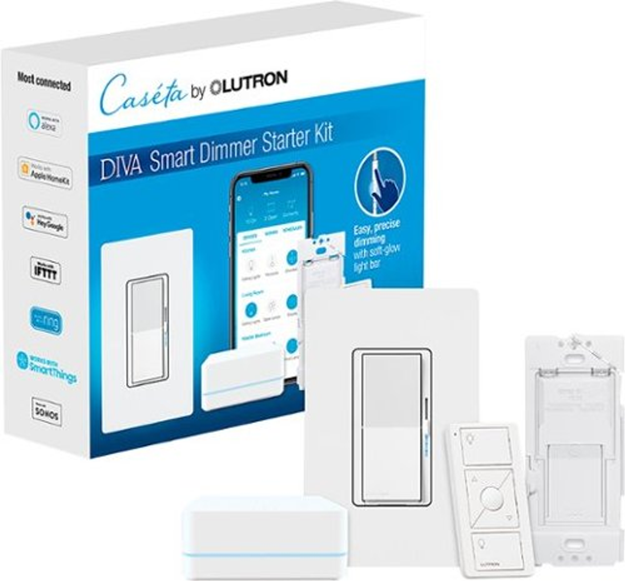 Lutron Diva Smart Dimmer Switch Starter Kit for Caseta Smart Lighting, with Smart Hub and Pico Remote - White