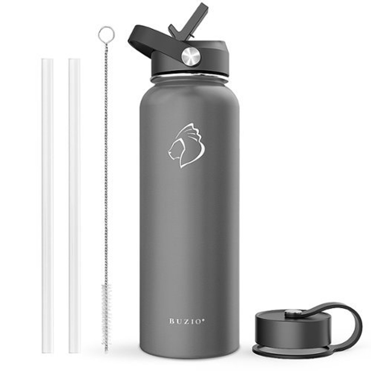 BUZIO Duet Series Insulated Water Bottle with Straw Lid and Flex Lid, Grey 40oz - Gray
