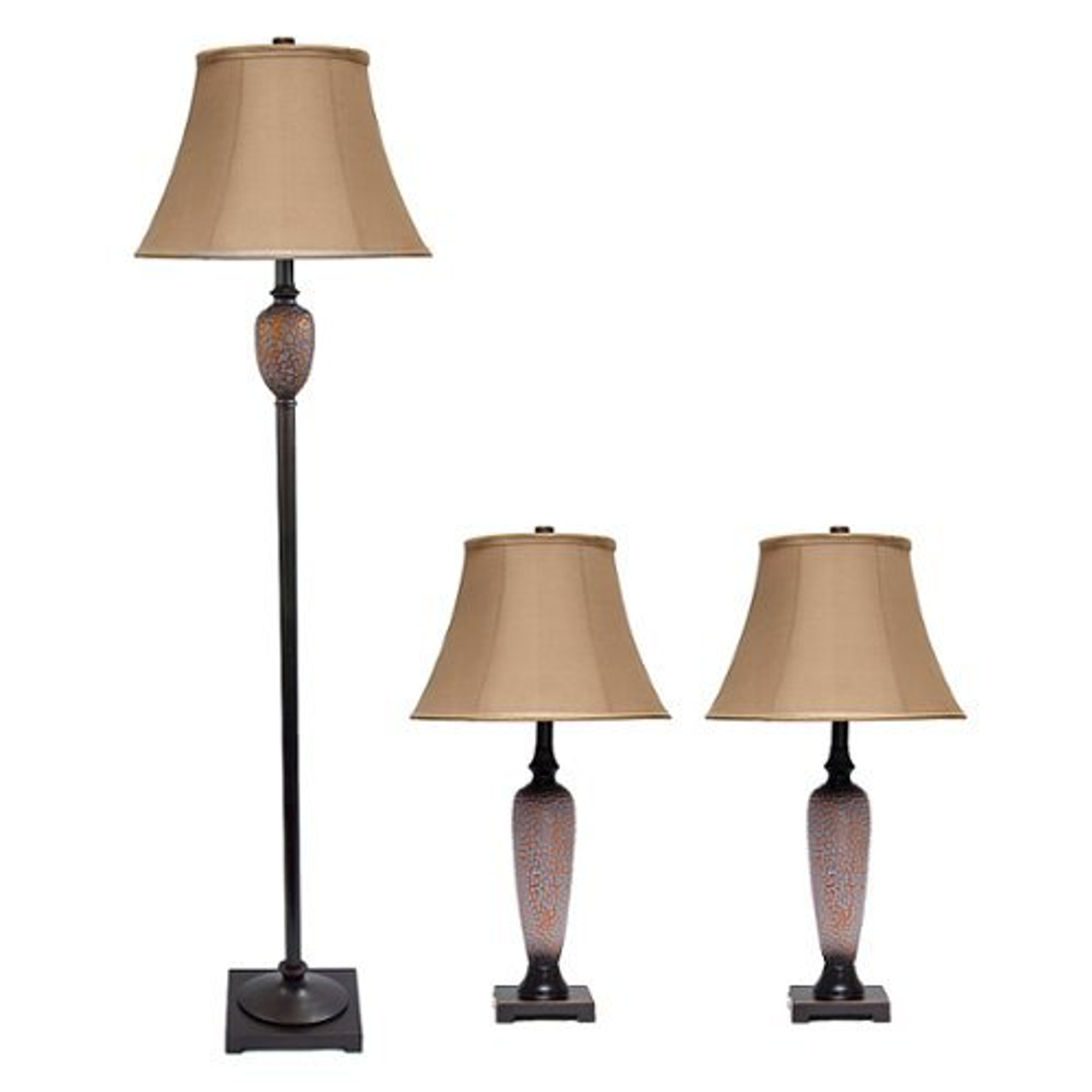 Lalia Home 3 Piece Metal Lamp Set with Light Brown Empire Fabric Shades - Hammered Bronze