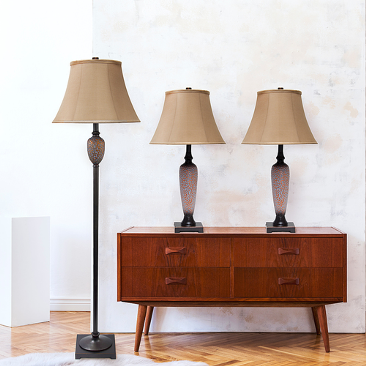 Lalia Home 3 Piece Metal Lamp Set with Light Brown Empire Fabric Shades - Hammered Bronze