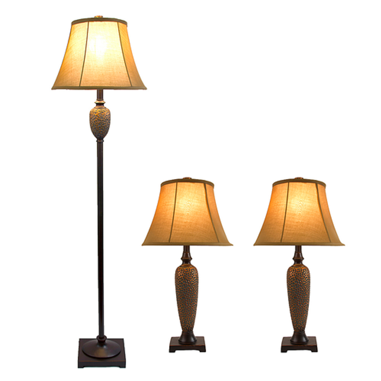 Lalia Home 3 Piece Metal Lamp Set with Light Brown Empire Fabric Shades - Hammered Bronze