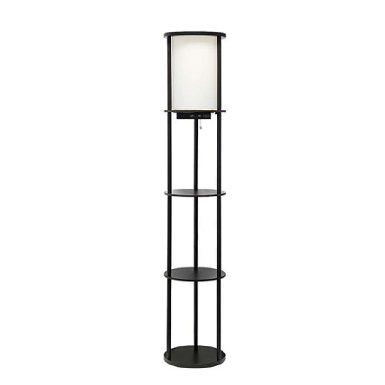 Simple Designs Round Etagere Storage Floor Lamp with 2 USB, 1 Outlet - Black