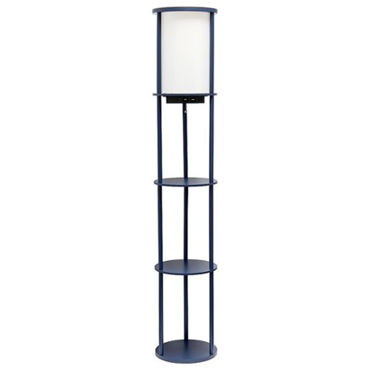 Simple Designs Round Etagere Storage Floor Lamp with 2 USB, 1 Outlet - Navy