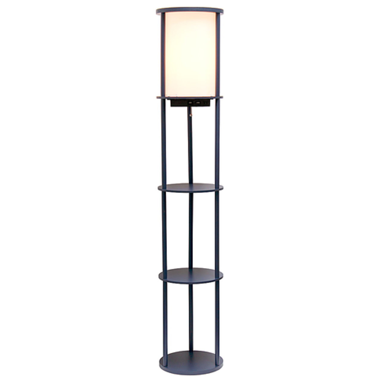 Simple Designs Round Etagere Storage Floor Lamp with 2 USB, 1 Outlet - Navy