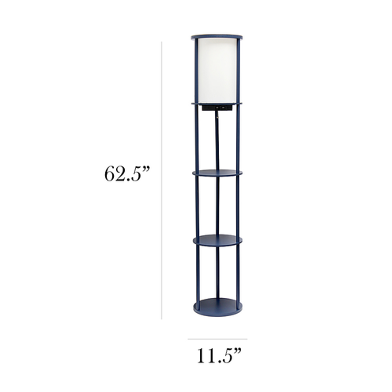 Simple Designs Round Etagere Storage Floor Lamp with 2 USB, 1 Outlet - Navy