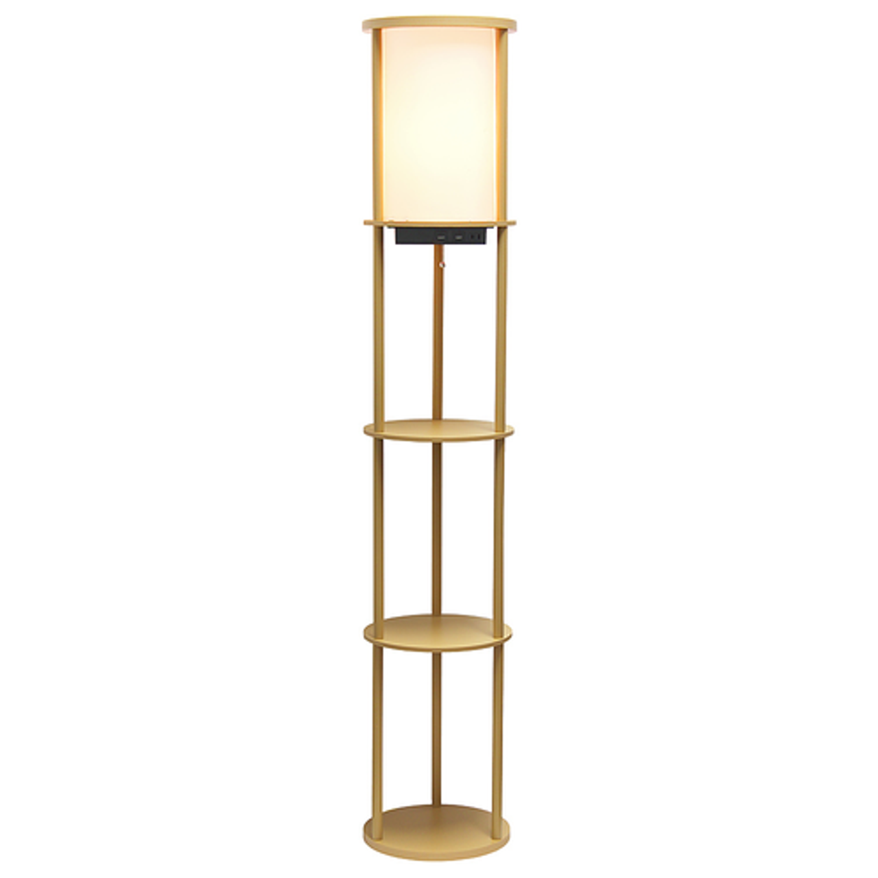 Simple Designs Round Etagere Storage Floor Lamp with 2 USB, 1 Outlet - Tan