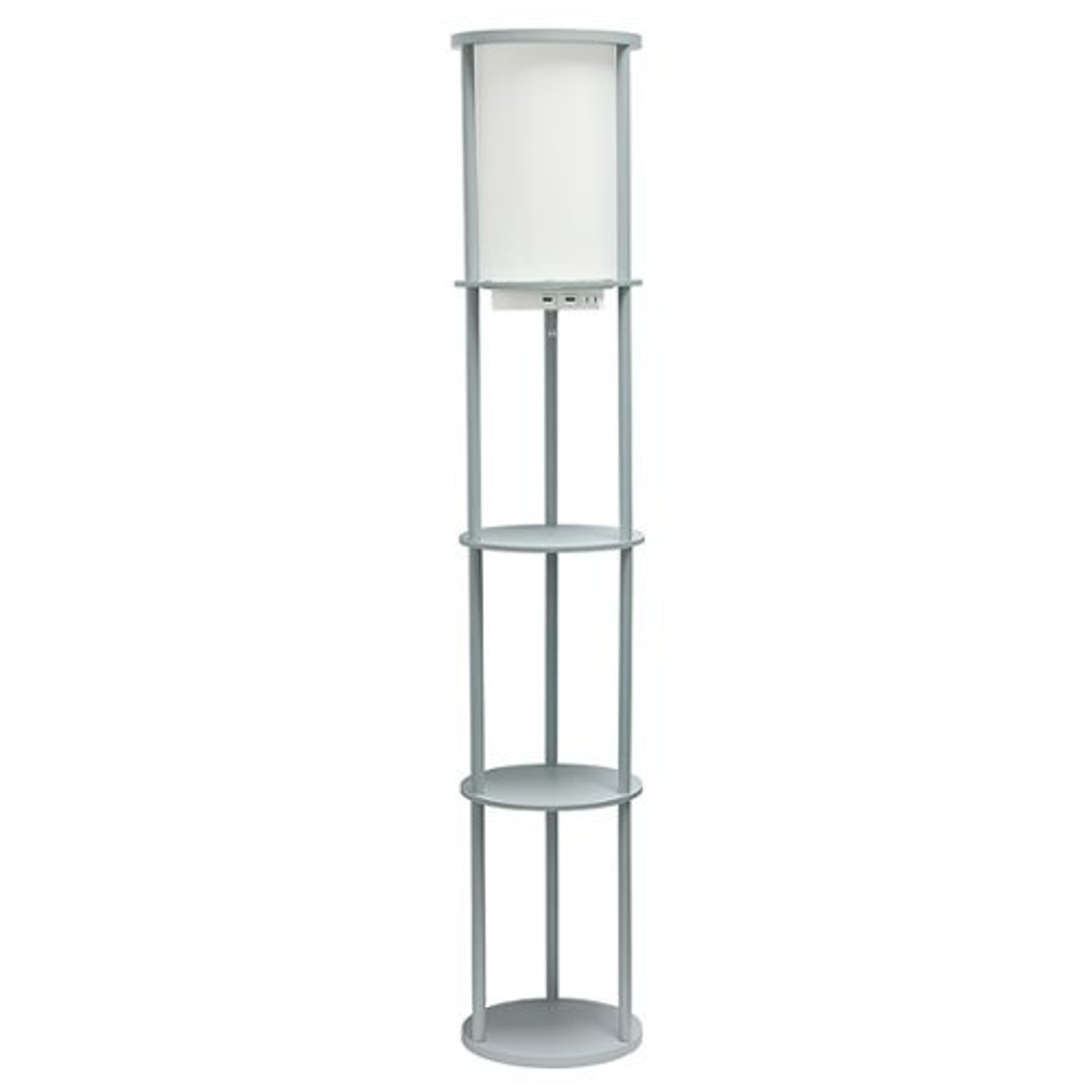 Simple Designs Round Etagere Storage Floor Lamp with 2 USB, 1 Outlet - Gray