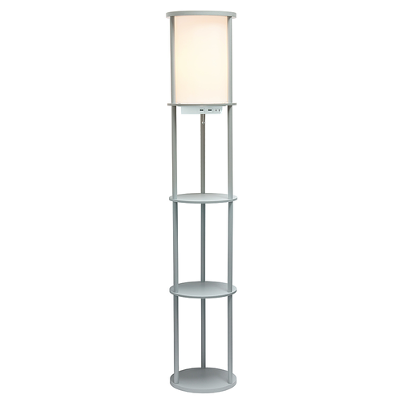 Simple Designs Round Etagere Storage Floor Lamp with 2 USB, 1 Outlet - Gray