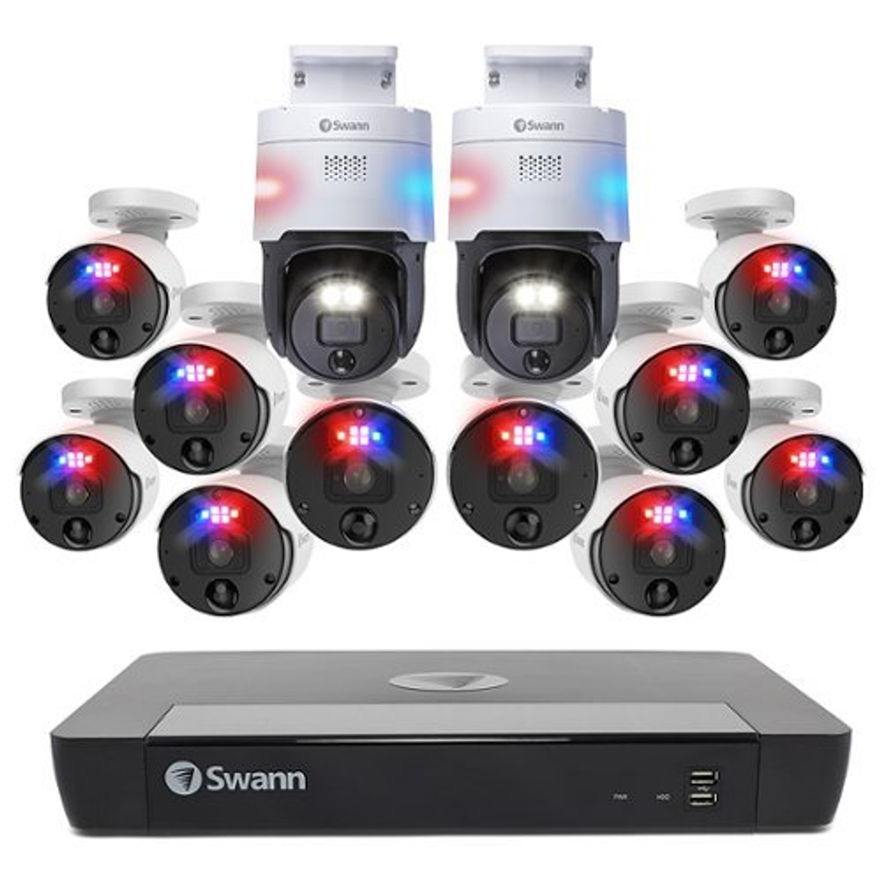 Swann - Pro Enforcer, 16-Channel, 10 Bullet Camera 12MP, 1 Pan Tilt Camera 4K, Indoor/Outdoor Wired 2TB NVR Home Security System - White