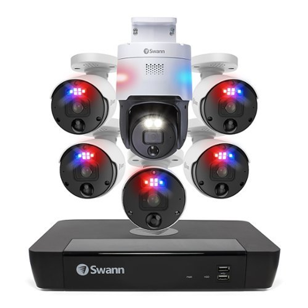Swann - Pro Enforcer, 8-Channel, 5 Bullet Camera 12MP, 1 Pan Tilt Camera 4K, Indoor/Outdoor Wired 2TB NVR Home Security System - White
