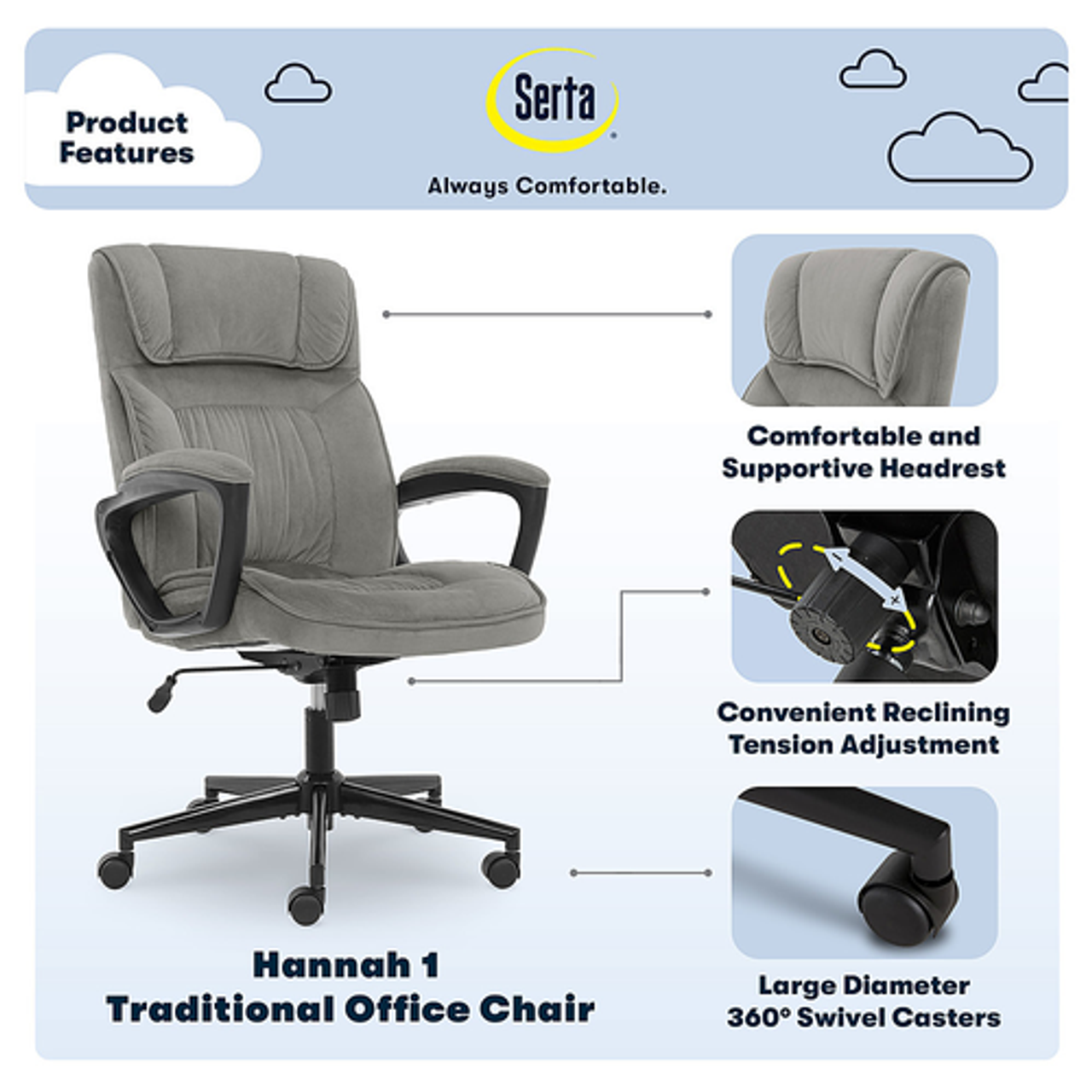 Serta - Hannah Executive Office Chair with Headrest Pillow - Soft Plush - Gray