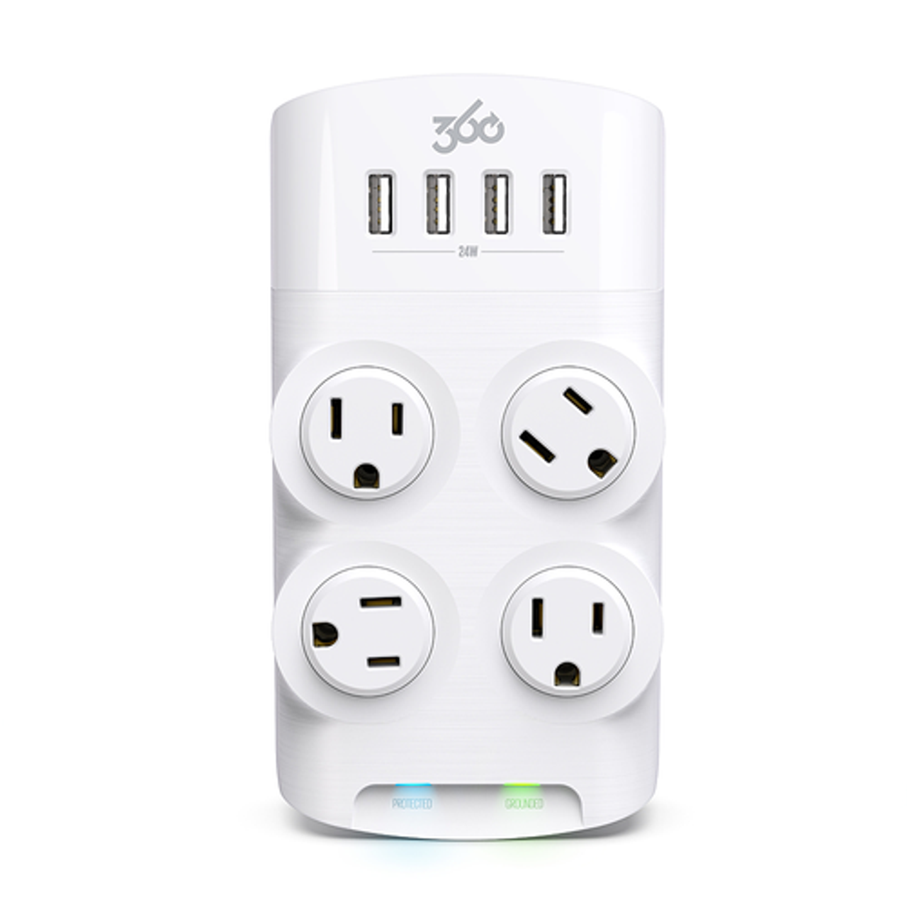 360 Electrical - Revolve24, 4 Rotating Outlets/ 4 USB-A 1080 Joules Surge Protector - White