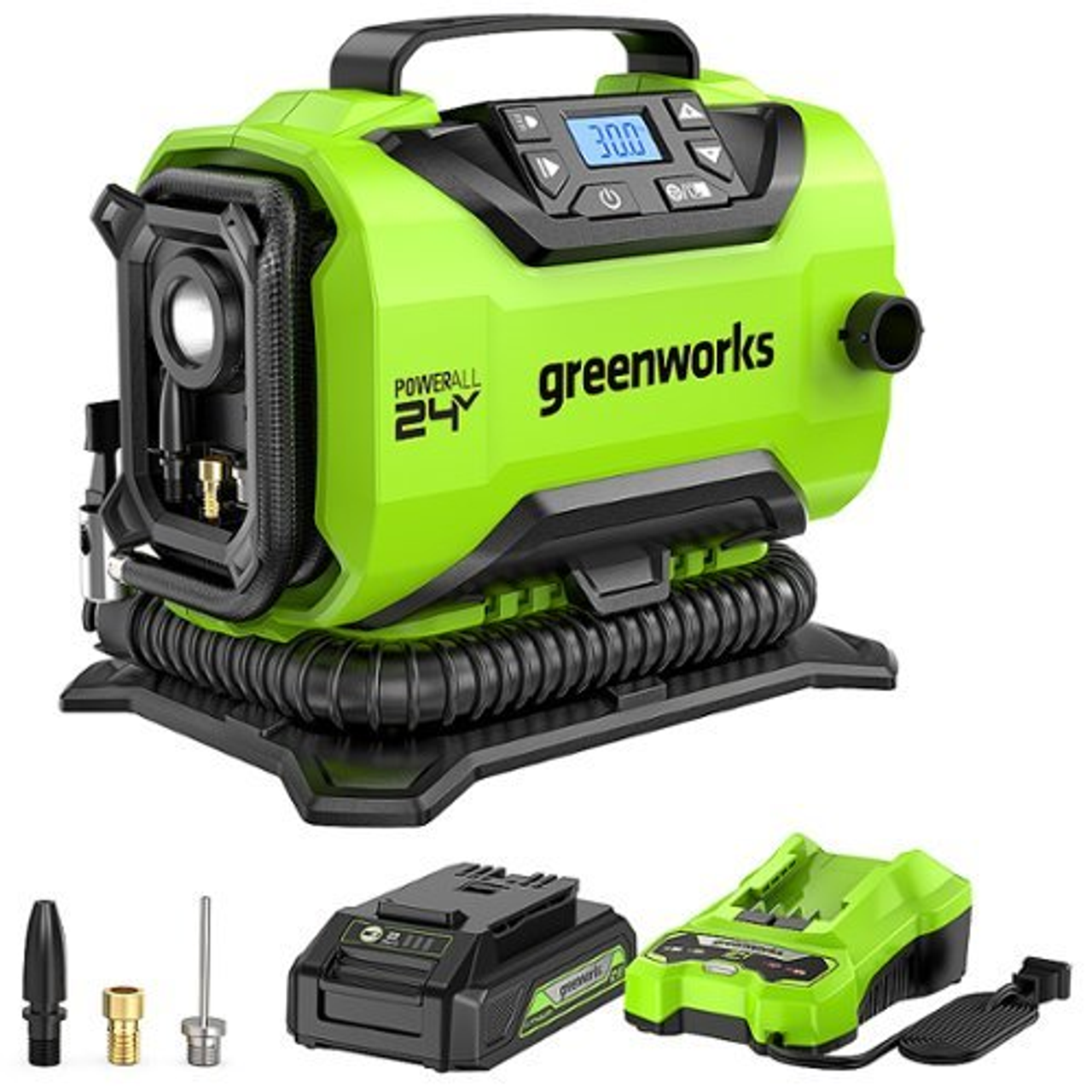 Greenworks - 24-volt Inflator (12V/24V), with (1) 2 Ah USB Battery, Charger - Green