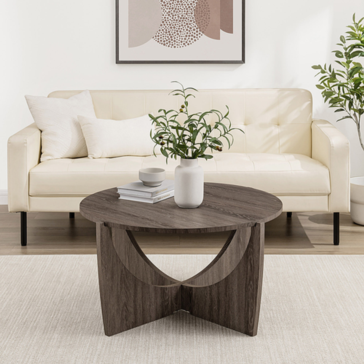 Walker Edison - Contemporary Arch-Base Round Coffee Table - Cerused Ash