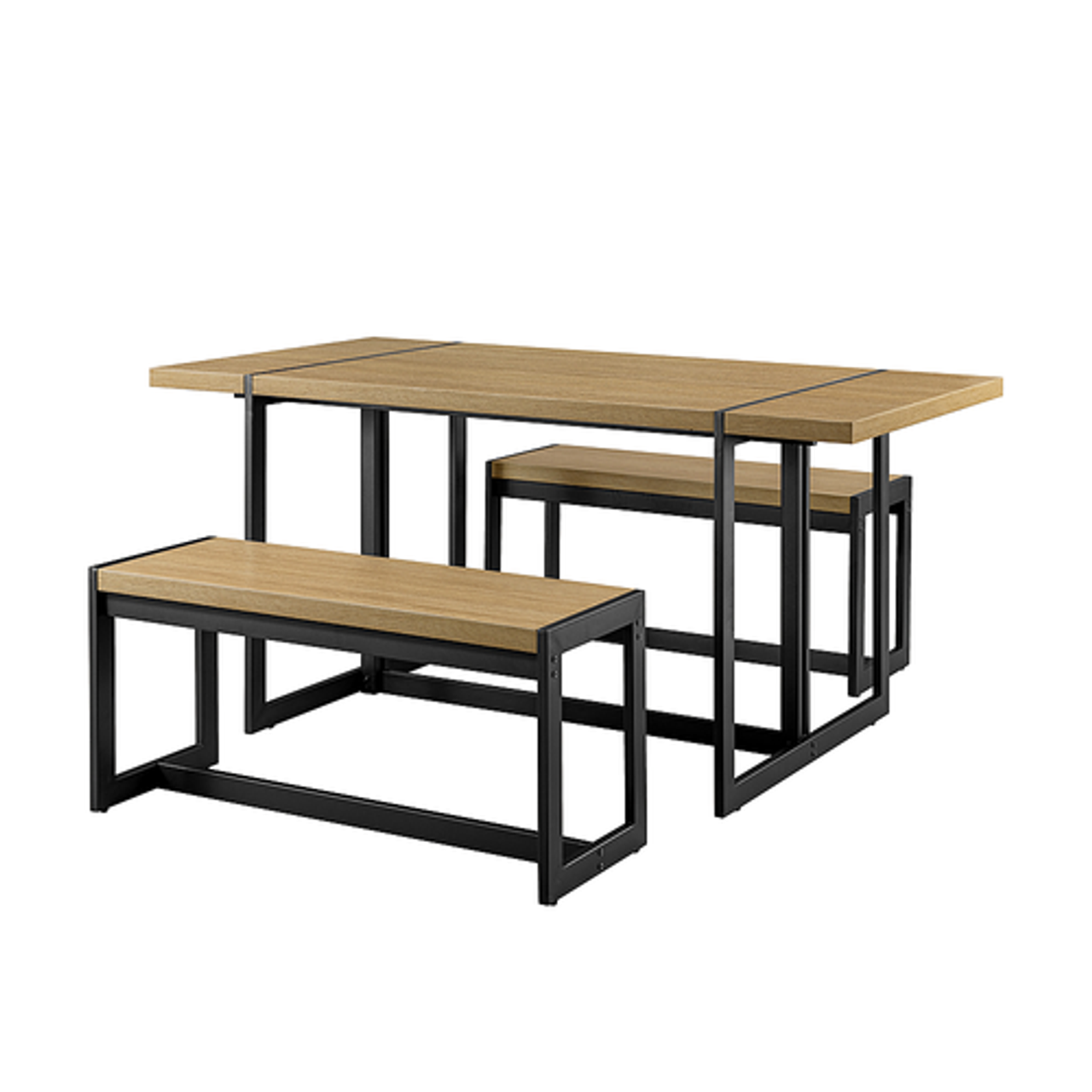 Walker Edison - Industrial Dining Set with 2 Benches - Coastal Oak
