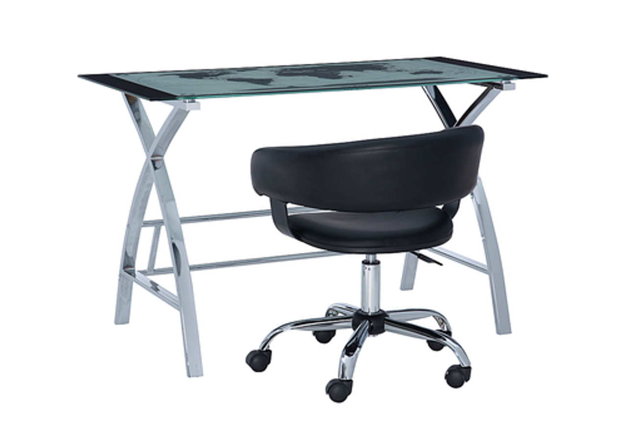 Linon Home Décor - Walton Map Printed Glass Desk Set With Black Faux Leather Gas Lift Chair - Black & Chrome