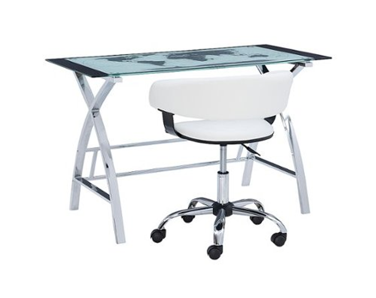 Linon Home Décor - Walton Map Printed Glass Desk Set With White Faux Leather Gas Lift Chair - White & Chrome