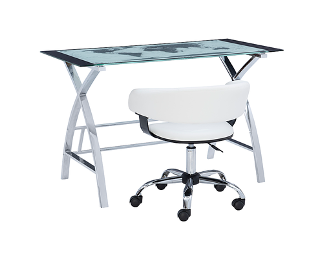 Linon Home Décor - Walton Map Printed Glass Desk Set With White Faux Leather Gas Lift Chair - White & Chrome