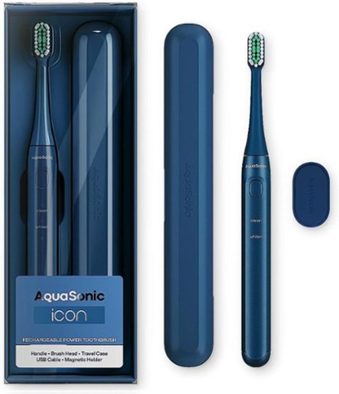 AquaSonic Icon Rechargeable Power Toothbrush | Magnetic Holder & Slim Travel Case - Navy - Navy