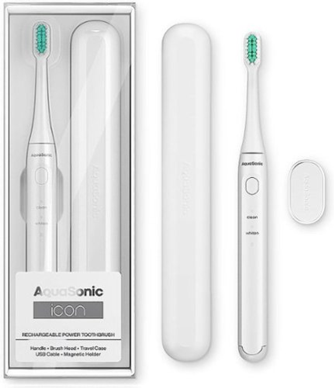 AquaSonic Icon Rechargeable Power Toothbrush | Magnetic Holder & Slim Travel Case - Optic White - white