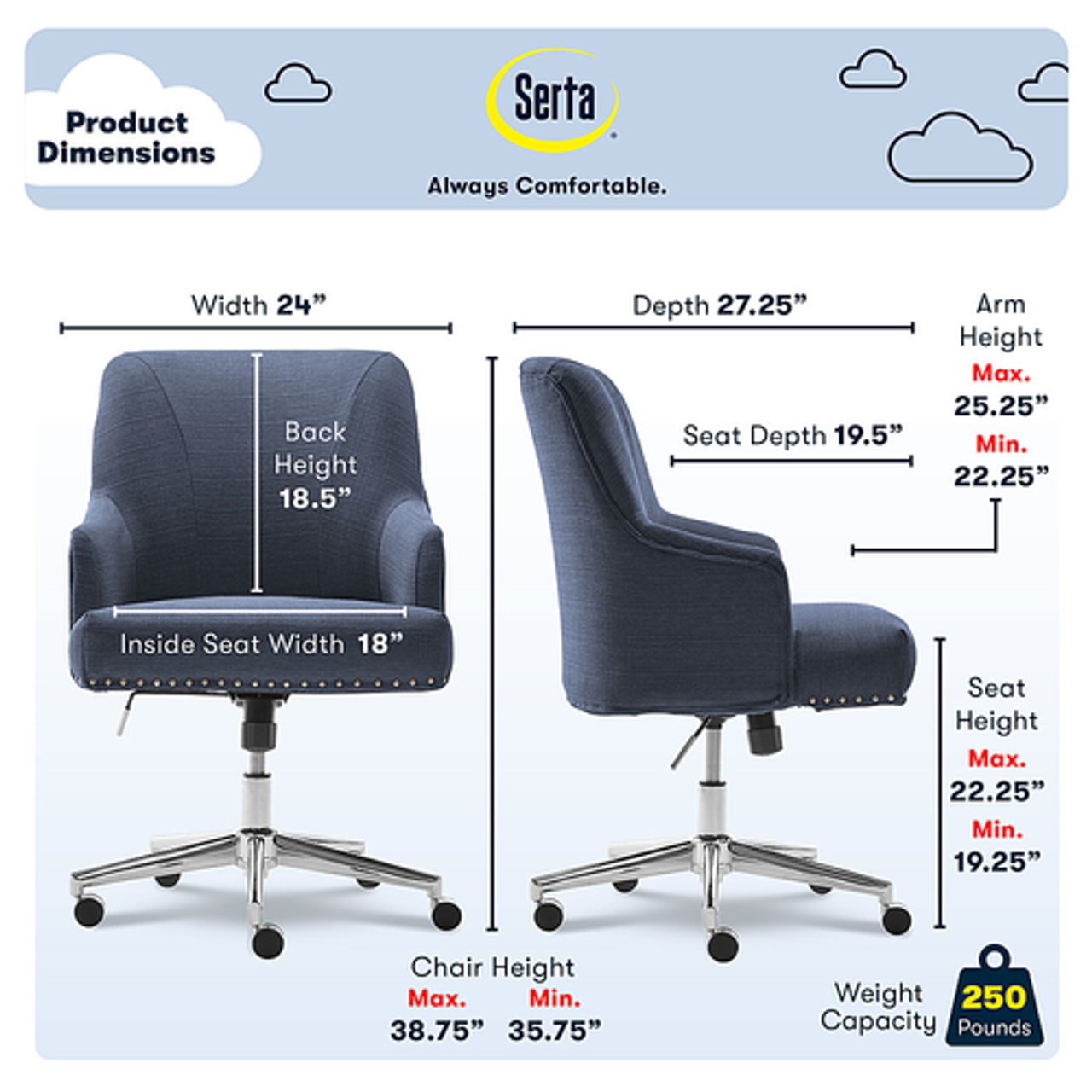 Serta - Leighton Modern Memory Foam & Twill Fabric Home Office Chair - Blue