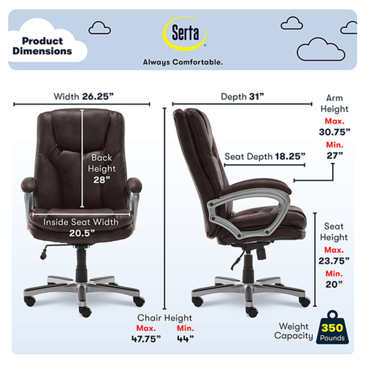 Serta - Benton Big and Tall Puresoft Faux Leather Executive Office Chair - 350 lb capacity - Chestnut