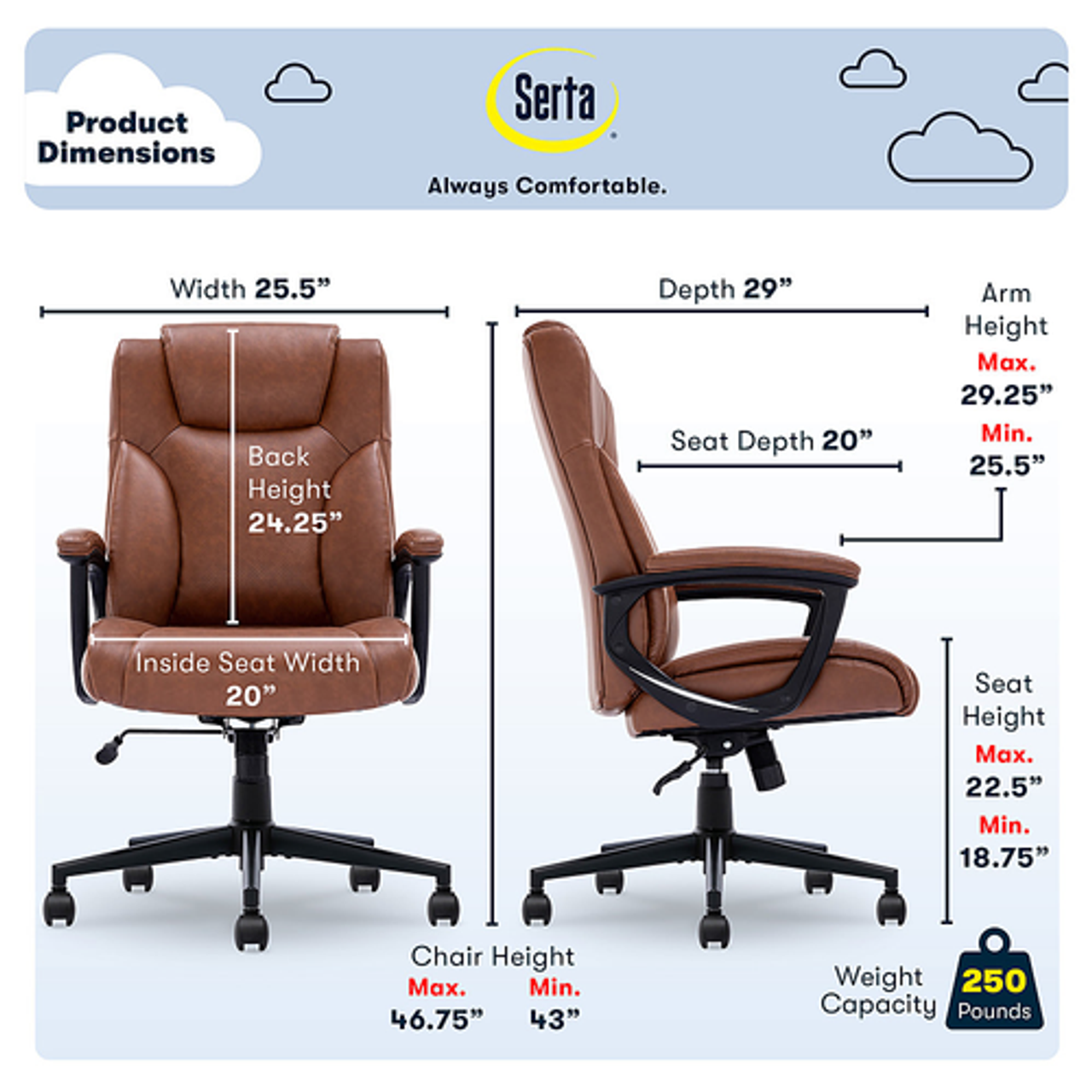 Serta - Connor Upholstered Executive High-Back Office Chair with Lumbar Support - Bonded Leather - Cognac