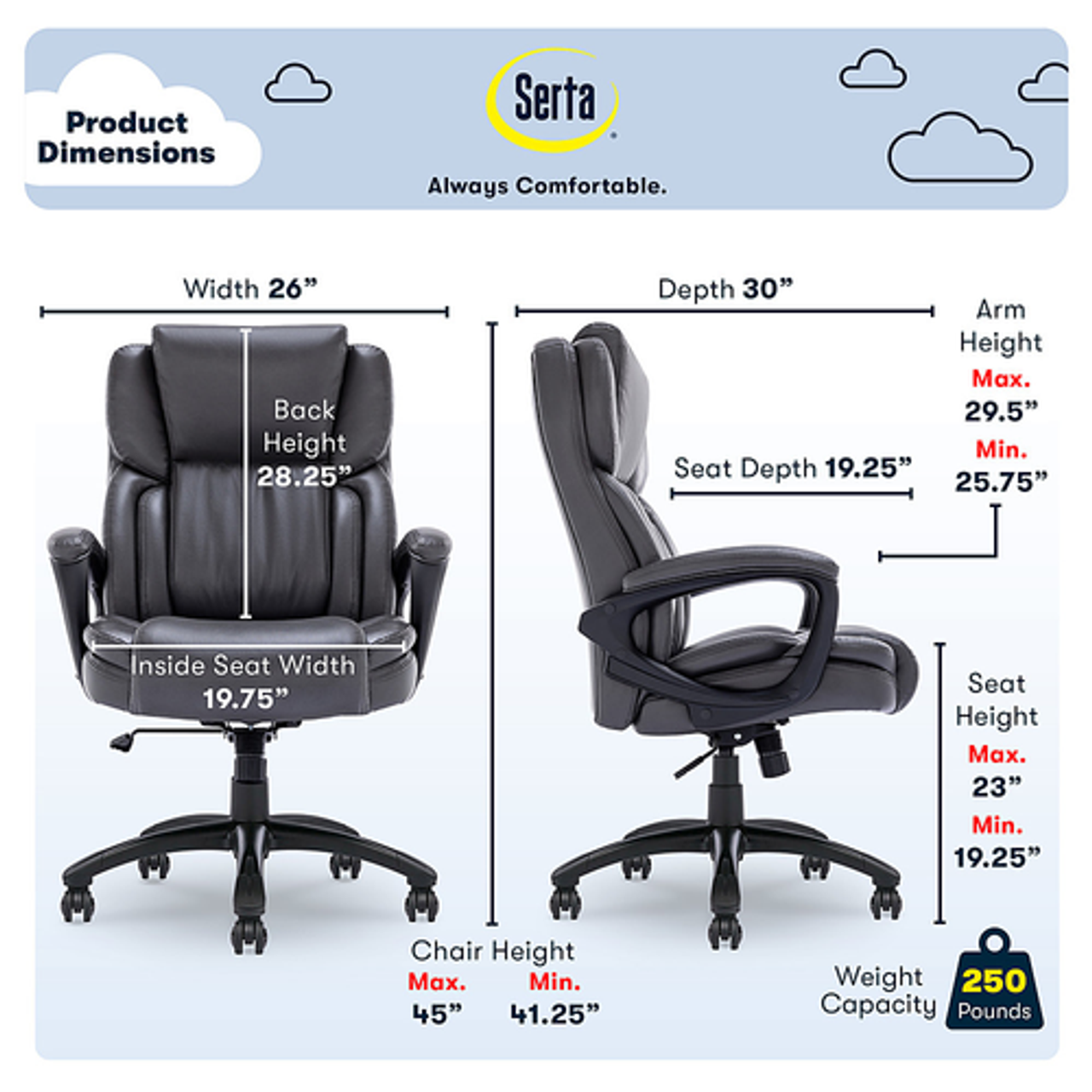 Serta - Garret Bonded Leather Executive Office Chair with Premium Cushioning - Sapce Gray