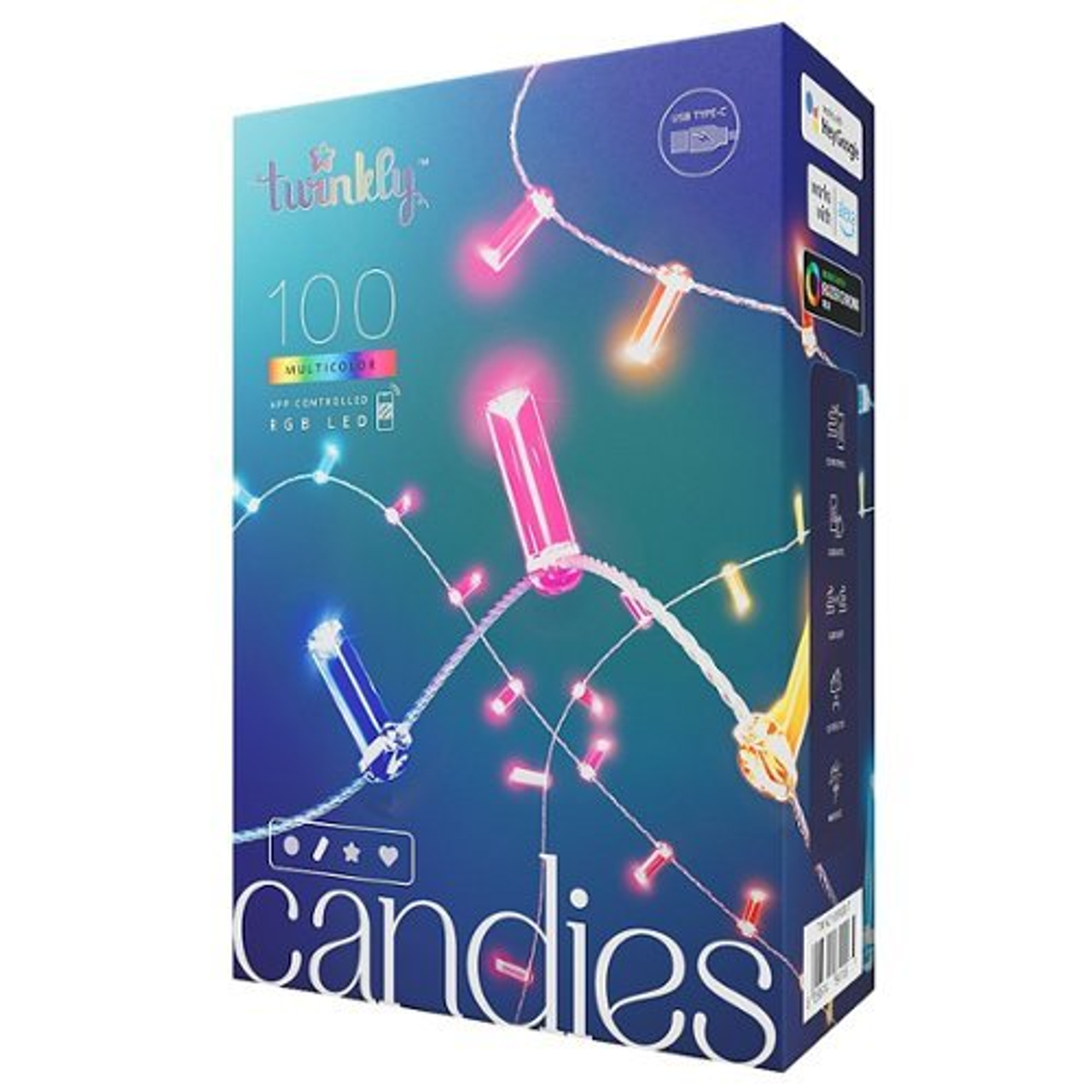 Twinkly Candies Candle Shaped 100 RGB LED Smart Light String Clear Wire USB-C - Multicolor