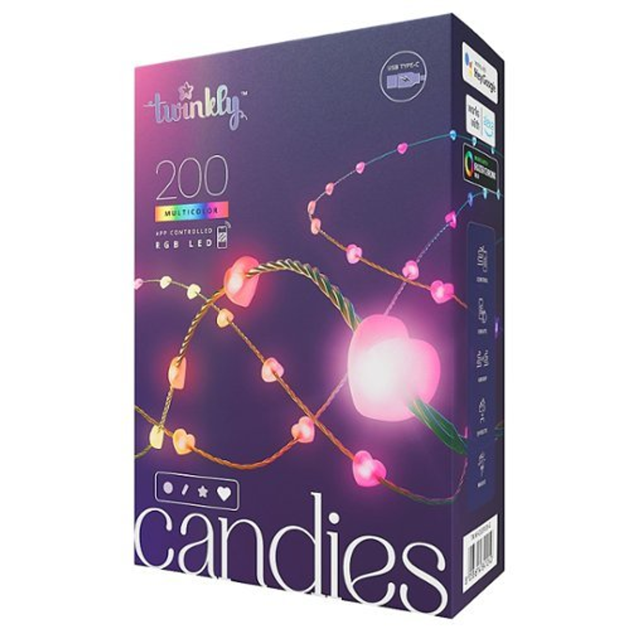 Twinkly Candies Heart Shaped 200 RGB LED Smart Light String Green Wire USB-C - Multicolor