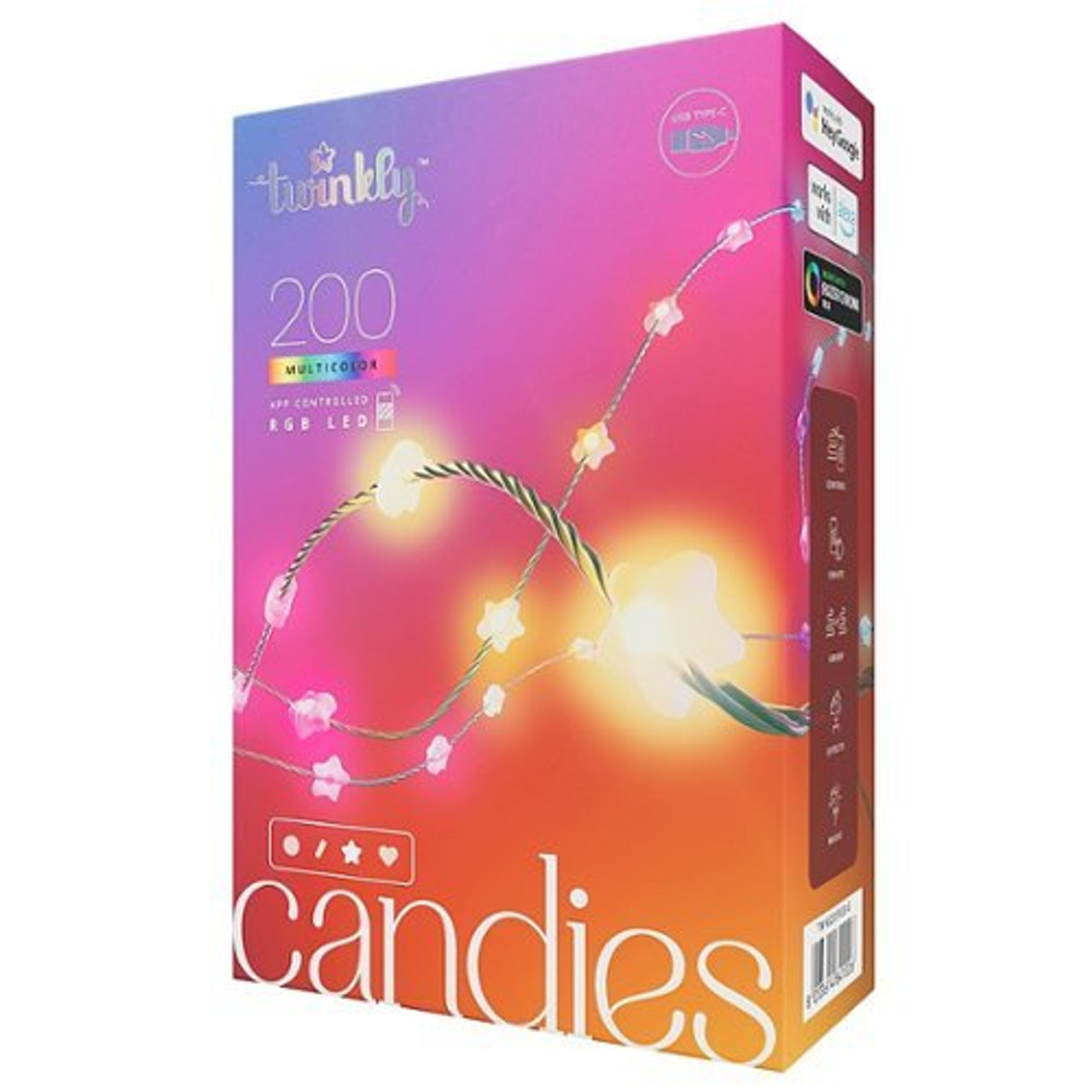 Twinkly Candies Star Shaped 200 RGB LED Smart Light String Green Wire USB-C - Multicolor
