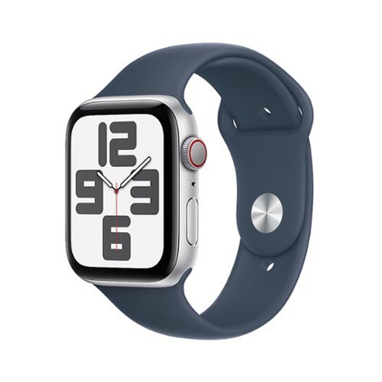 Apple Watch SE (GPS + Cellular) 44mm Silver Aluminum Case with Storm Blue Sport Band - M/L - Silver