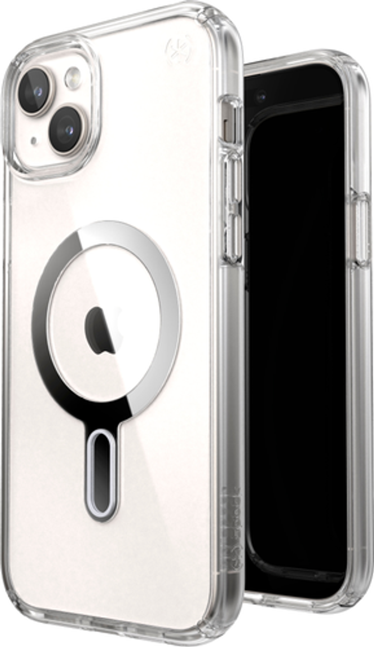 Speck - Presidio Perfect-Clear ClickLock Case with MagSafe for Apple iPhone 15 Plus/14 Plus - Clear/Chrome
