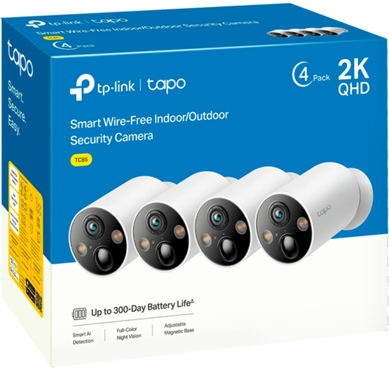 TP-Link - Tapo 4-Camera Indoor/Outdoor 2K QHD Wireless Home Security Surveillance System with adjustable magnetic base - White