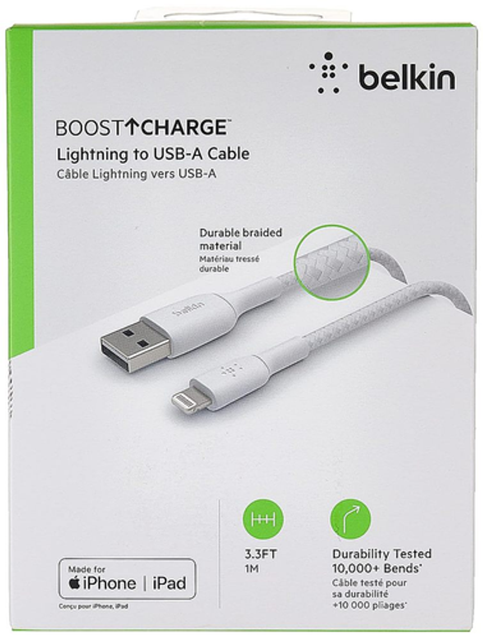 Belkin - BoostCharge Braided USB-A to Lightning Cable 3.3ft - White