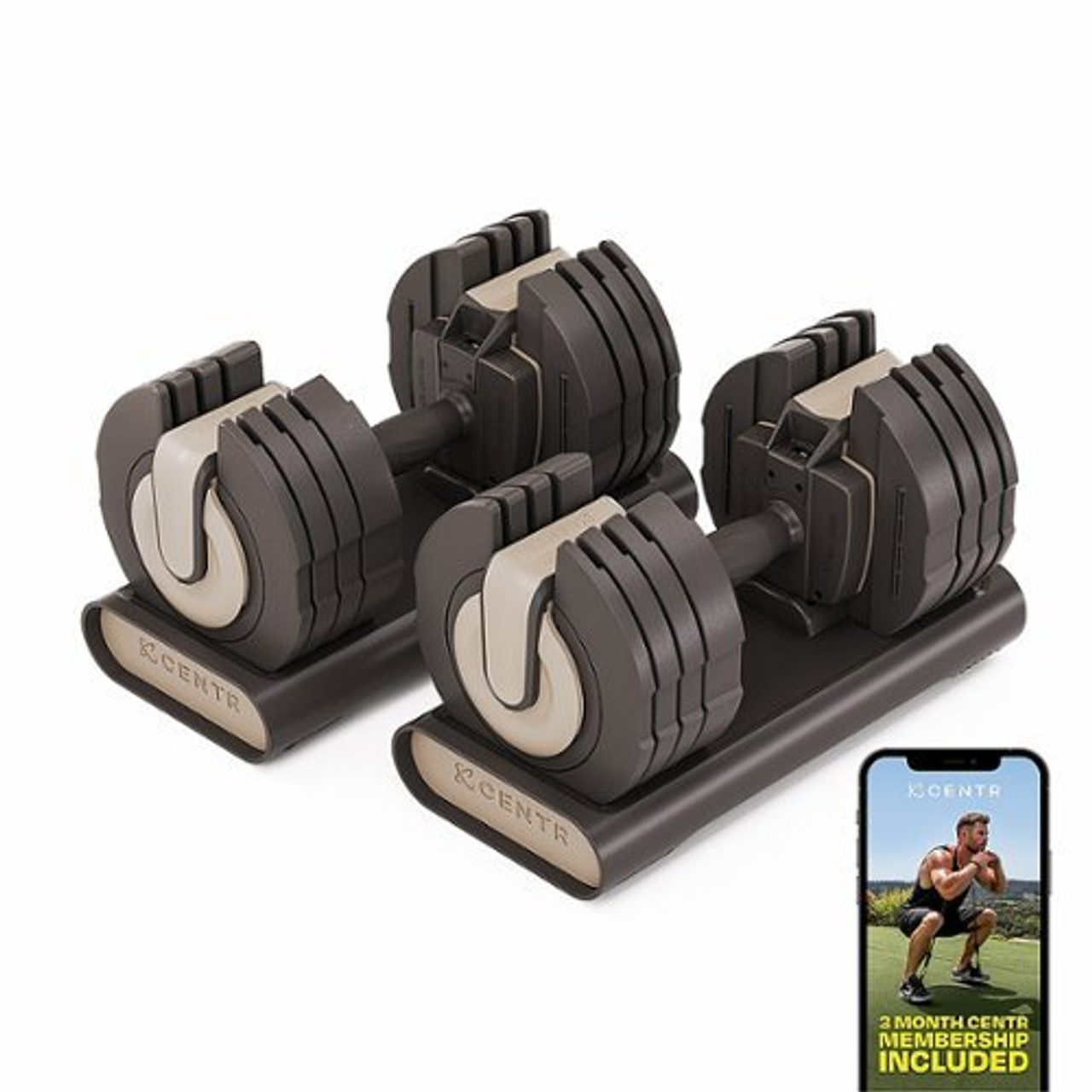 Smart Stack 50 Adjustable Dumbbell Pair with 3-Month Centr Membership - Beige